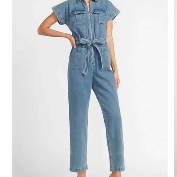 EXPRESS X LADYGANG DENIM JUMPSUIT ZIP JEAN UTILITY JUMPSUIT TIE WAIST Size 2 - Picture 7 of 9